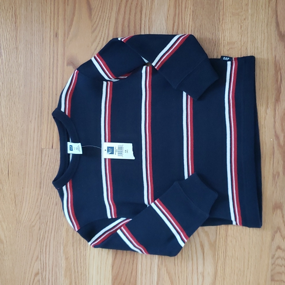 New, never worn, Gap Kids sweater, navy w/white and red stripes, size xs (4)